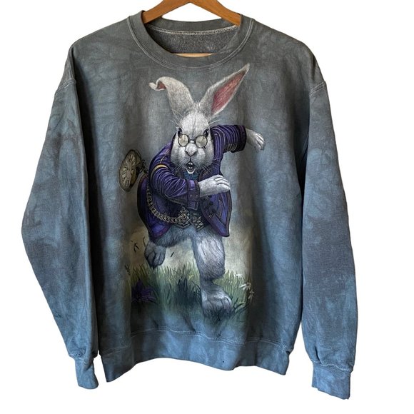 Tie Dye White Rabbit Graphic Sweatshirt Green Bluish Grey Lightweight Sz Md - Picture 1 of 15